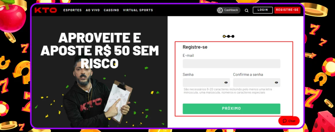 Instruções passo a passo sobre como se inscrever no KTO Casino